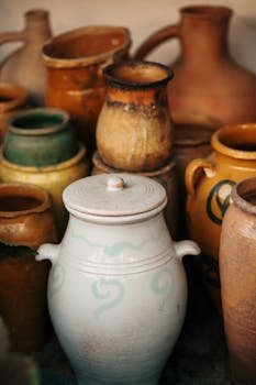 A variety of handcrafted clay pots in earthy colors, showcasing traditional pottery techniques.